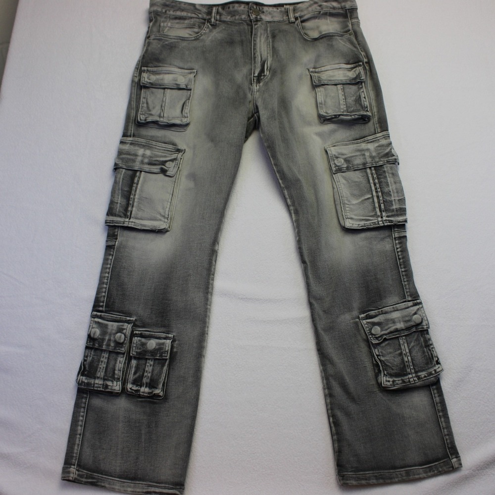Smoke Rise Mens Gray Washed Multi Pocket Cargo Denim Jeans Size 40 Streetwear